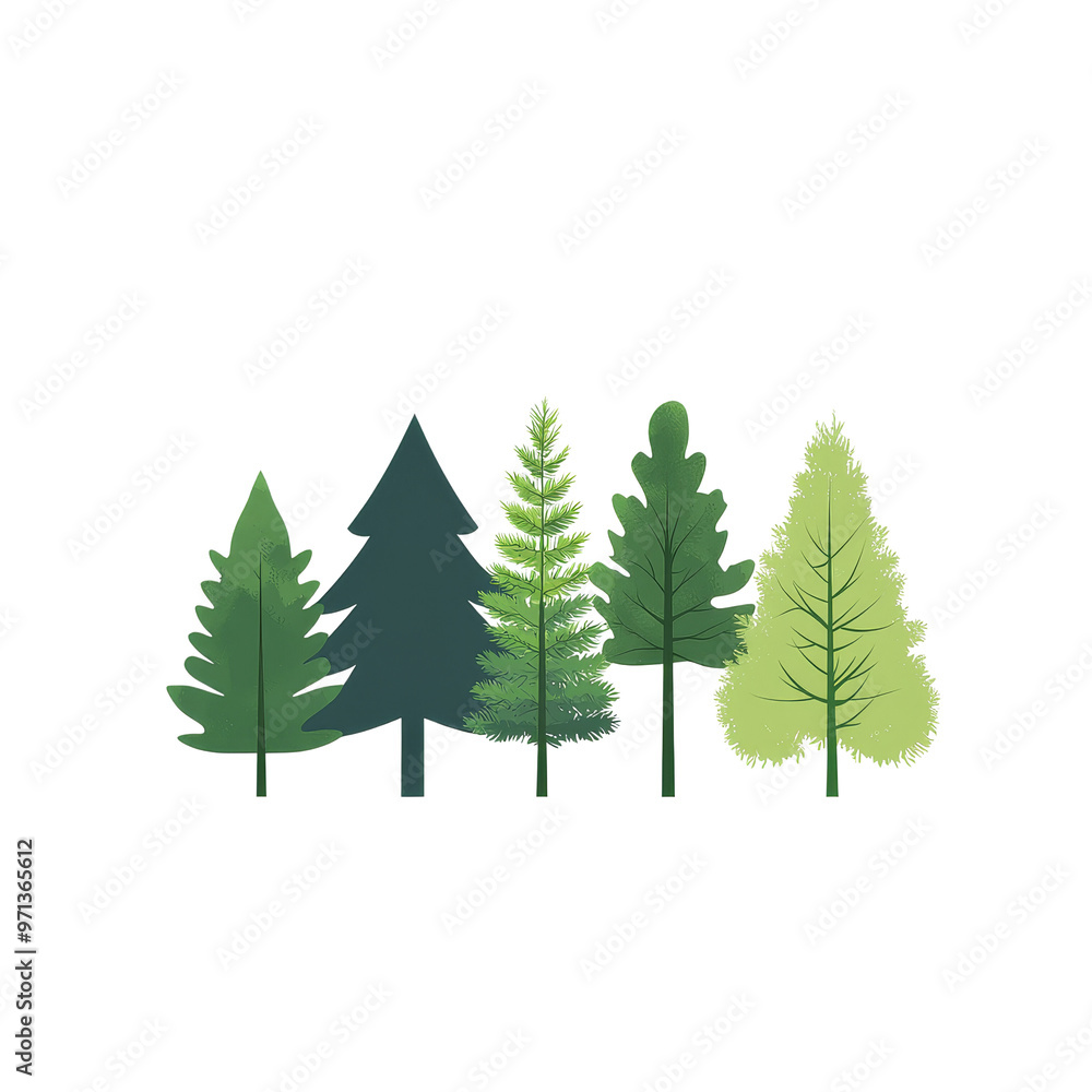Five stylized green pine trees stand in a row against a black background. Five stylized green pine trees stand in a row against a black background.