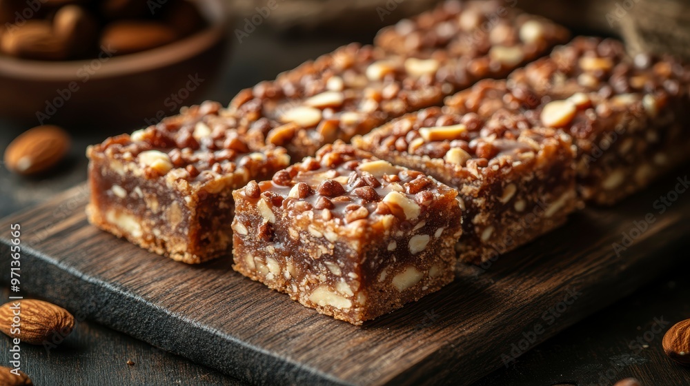 A close-up of nutty dessert bars on a wooden surface, showcasing texture and ingredients. A close-up of nutty dessert bars on a wooden surface, showcasing texture and ingredients.