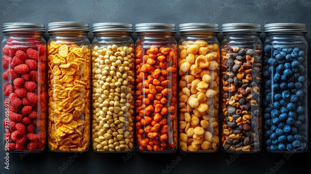 A collection of colorful dried fruits and snacks in glass jars arranged in a row. A collection of colorful dried fruits and snacks in glass jars arranged in a row.