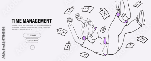 Employee, businesswoman or manager fail to manage work time and finish tasks on time. Low productivity, stress and procrastination concept. Vector illustration of falling woman.