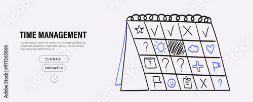 Flat line charcoal chalk vector illustration of a flip calendar with v and x check marks. Concept of schedule planning, time management and work organization. Put reminder notes in personal organizer.