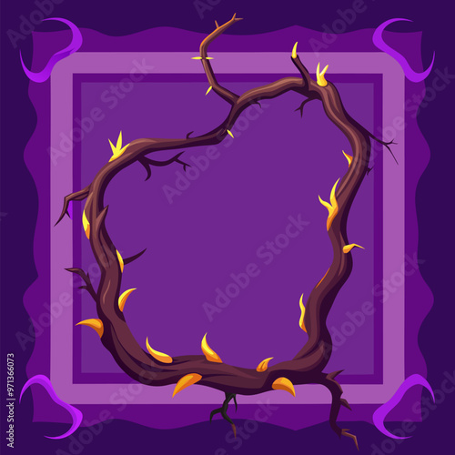 Spooky dry liana vines with glow and twisted branches in form of square, rectangle frame for game ui design. Cartoon vector illustration set of scary creepy magic jungle purple border.