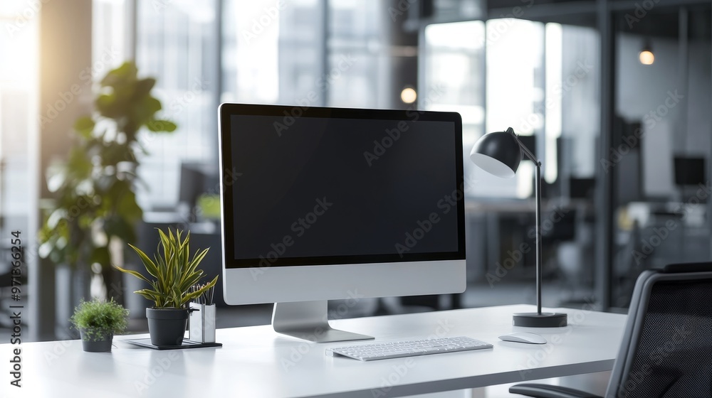 Modern office workspace clean white desk with large monitor emphasizing efficiency and organization Modern office workspace clean white desk with large monitor emphasizing efficiency and organization