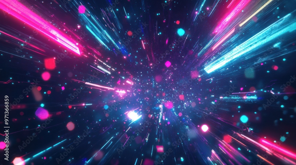 A colorful, neon-lit tunnel with many different colored squares and lines A colorful, neon-lit tunnel with many different colored squares and lines