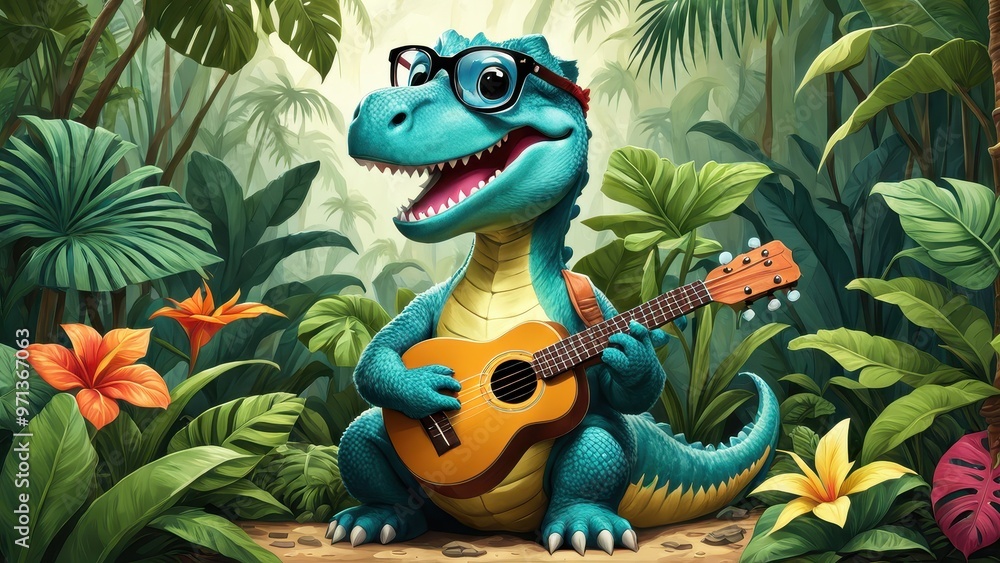 A cheerful dinosaur wearing glasses plays a ukulele amidst lush tropical plants. A cheerful dinosaur wearing glasses plays a ukulele amidst lush tropical plants.