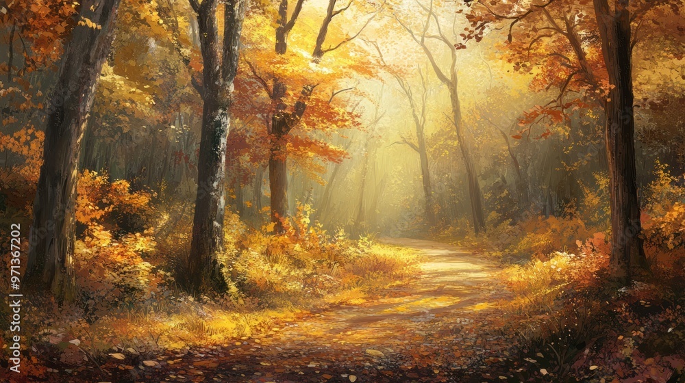 Obraz premium A painting of a forest with trees in autumn colors
