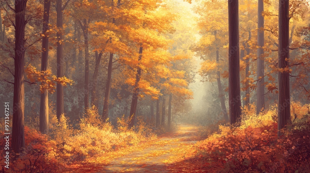 Obraz premium A painting of a forest with trees in autumn colors