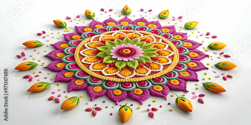 3D Isolated Rangoli Pattern with Flower Petals - Abstract Vector Design Conveying Cultural Richness on White Background