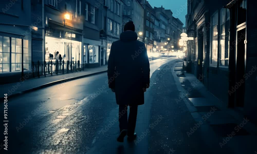 Solitary Figure Walking Down a Dark City Street at Night Solitary Figure Walking Down a Dark City Street at Night