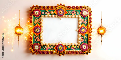 Abstract Rangoli and Sparkler Shapes Border Frame: Artistic Design with Ample Copy Space for Festive Promotions