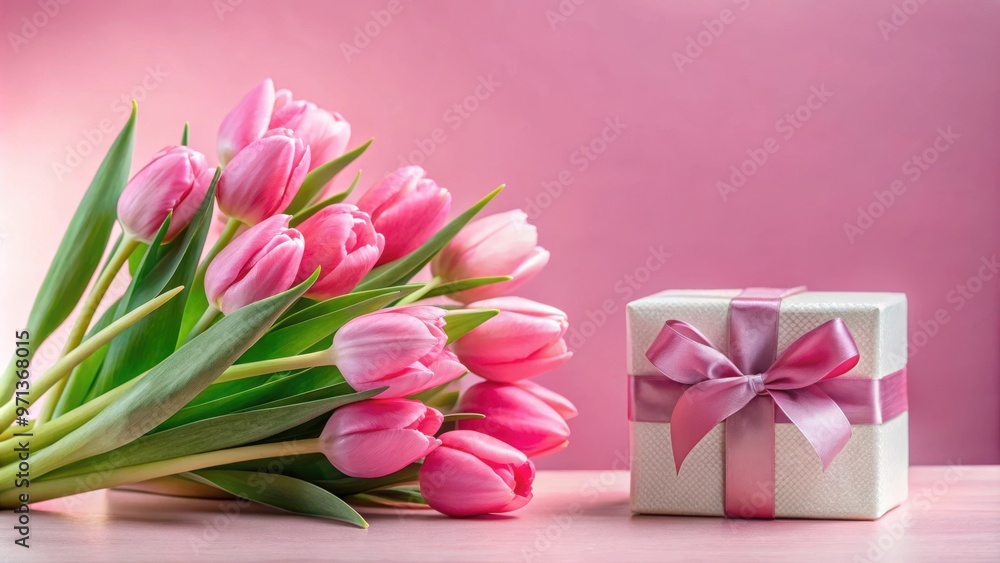 Fototapeta premium Fresh pink tulips and a beautifully wrapped gift box on a soft pink background, ideal for celebrations and romantic occasions