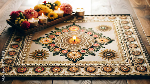 Vibrant Flat Rangoli Design with Floral Border Frame and Ample Copy Space for Custom Text � Perfect for Cultural and Festive Occasions