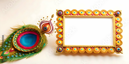 Vibrant Peacock Feather and Rangoli Border Frame with Ample Copy Space for Festive Messages � Detailed Cultural Design for Unique Photo Stock Concepts