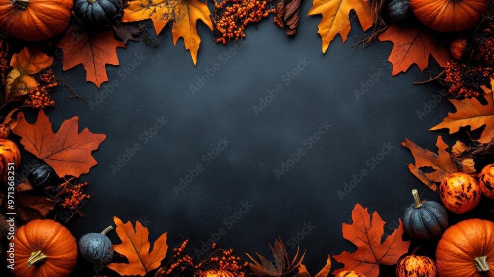 A black background with a frame of orange pumpkins and leaves A black background with a frame of orange pumpkins and leaves
