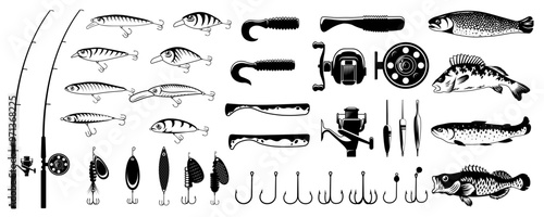 Fishing icon. Fishing items set. Silhouette style. Vector