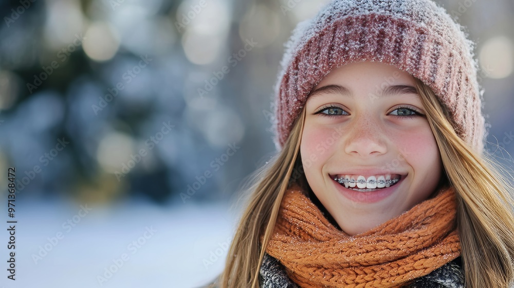 Confident teen girl with braces smiling in winter scarf for dental appointment at clinic Confident teen girl with braces smiling in winter scarf for dental appointment at clinic
