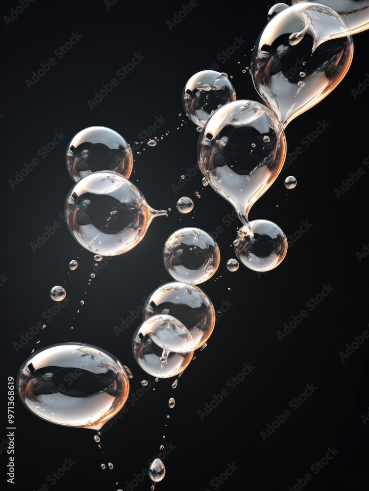 A series of bubbles in a black background. The bubbles are all different sizes and are floating in the air A series of bubbles in a black background. The bubbles are all different sizes and are floating in the air
