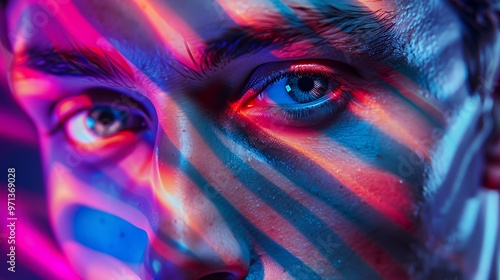 Closeup of a man's eye with colorful light streaks.