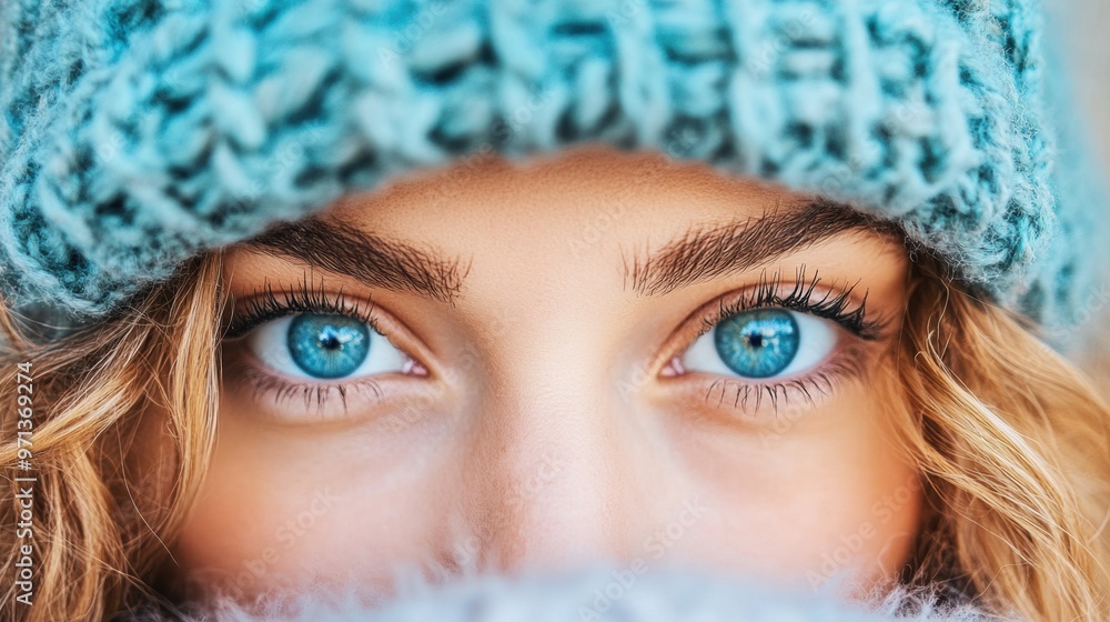 A close up of a woman with blue eyes peeking out from behind her hat, AI A close up of a woman with blue eyes peeking out from behind her hat, AI