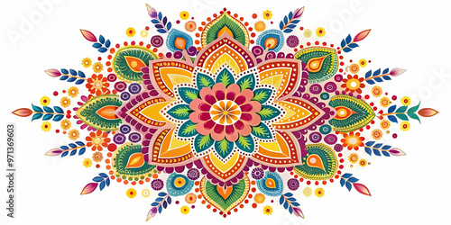 Flat Isolated Rangoli and Flower Petals Abstract Vector Design: Vibrant Cultural Pattern with Soft Lines on White Background