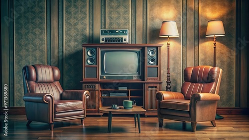 Vintage home cinema system with retro furniture including plush armchair, old fashioned TV, and classic stereo system