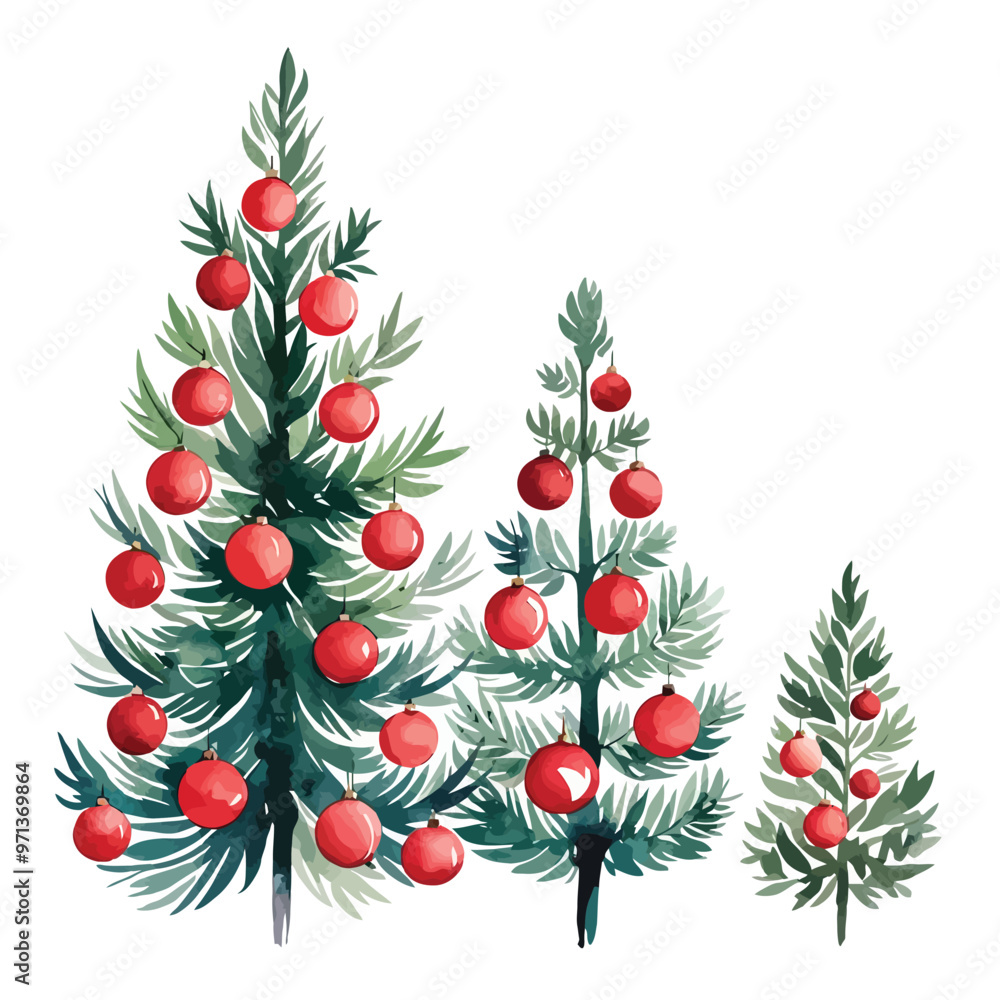 Watercolor painting of three Christmas trees with red ornaments on white background Watercolor painting of three Christmas trees with red ornaments on white background