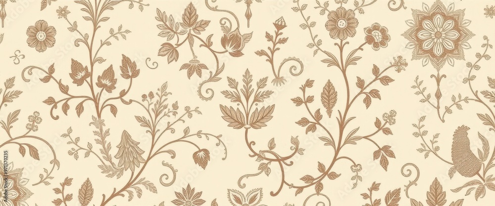 Ornate Floral Pattern with Brown Vines and White Background Ornate Floral Pattern with Brown Vines and White Background