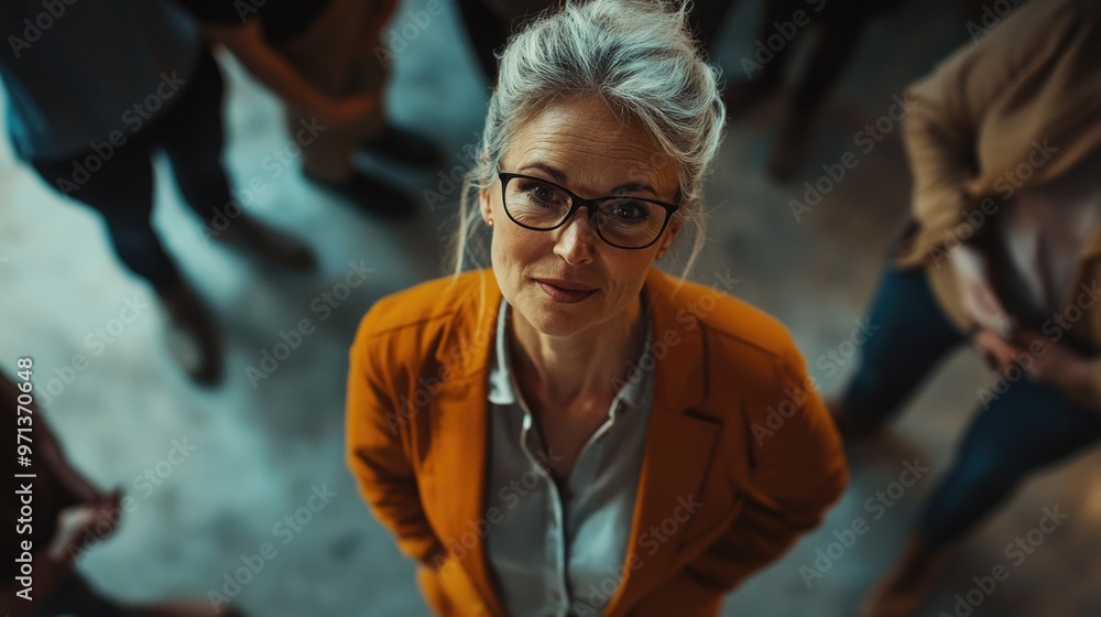 A woman in an orange jacket stands in front of a group of people. She is wearing glasses and has a serious expression on her face A woman in an orange jacket stands in front of a group of people. She is wearing glasses and has a serious expression on her face