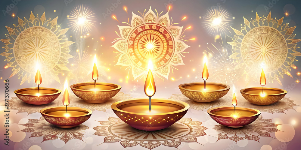 Flat Glossy Vector Illustration of Cultural Symbols: Diya Lamps and Rangoli Patterns with Sparklers - Vibrant and Reflective Design Flat Glossy Vector Illustration of Cultural Symbols: Diya Lamps and Rangoli Patterns with Sparklers - Vibrant and Reflective Design