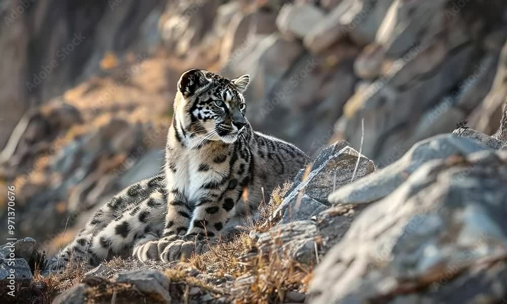 Enigmatic snow leopard camouflaged against the rocky mountainside, hyperrealistic Video Enigmatic snow leopard camouflaged against the rocky mountainside, hyperrealistic Video