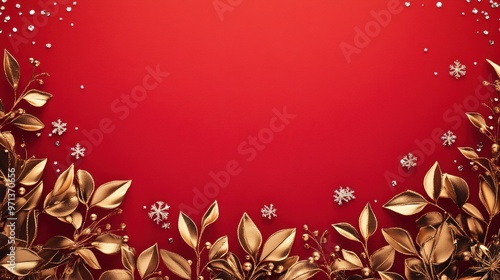 A red background with gold leaves and snowflakes