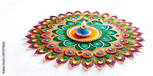 Vibrant Flat Isolated Peacock Feather with Rangoli Pattern Vector Design - Colorful Cultural Illustration on White Background