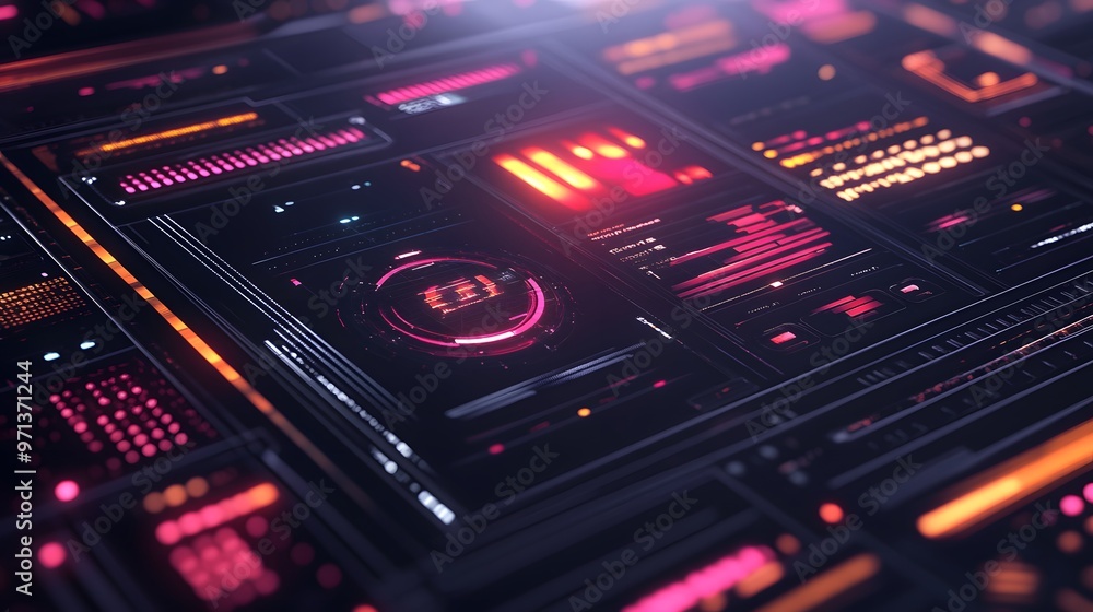 Modern HUD elements overlapping on a sleek matte surface Modern HUD elements overlapping on a sleek matte surface