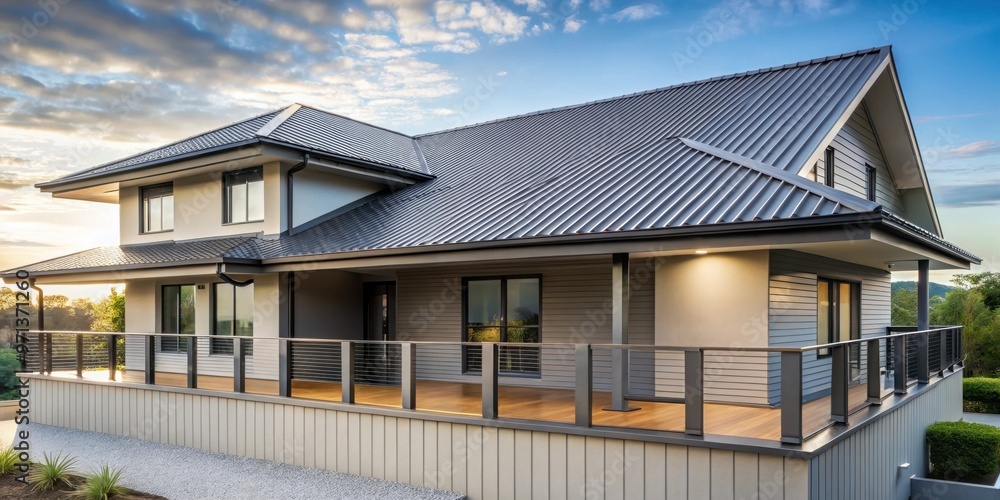 Modern house with a stylish gray corrugated metal roof and metal railing