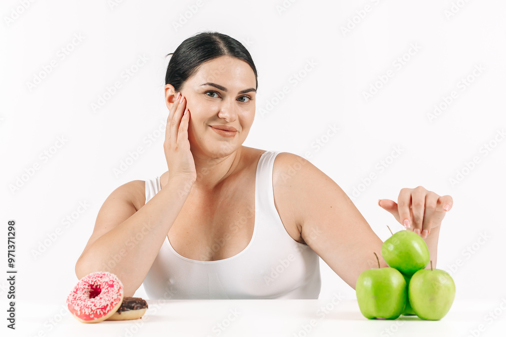 Young, full-figured woman faced with the choice between healthy food and unhealthy options. Perfect for promoting detox, dieting, and weight loss, highlighting the decision for a healthier lifestyle Young, full-figured woman faced with the choice between healthy food and unhealthy options. Perfect for promoting detox, dieting, and weight loss, highlighting the decision for a healthier lifestyle