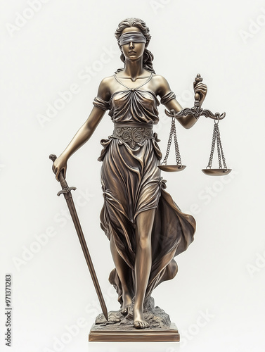 Ultrarealistic Bronze Statue of Themis, Goddess of Justice, with Scales and Sword on White Background