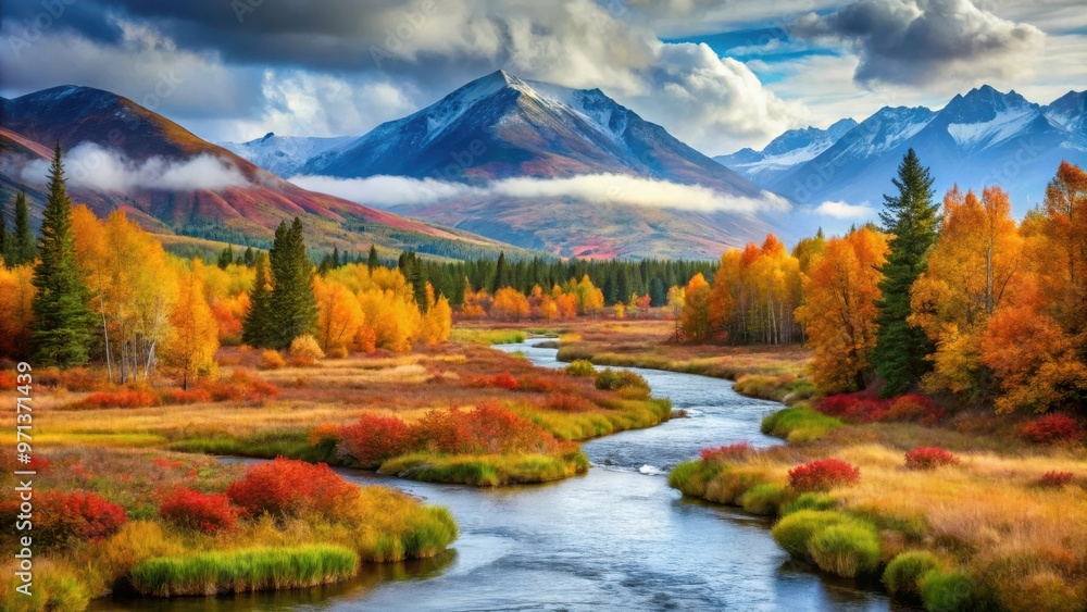 Obraz premium A breathtaking landscape with a meandering stream, vibrant autumn colors, and mist-covered mountain range, ideal for nature enthusiasts