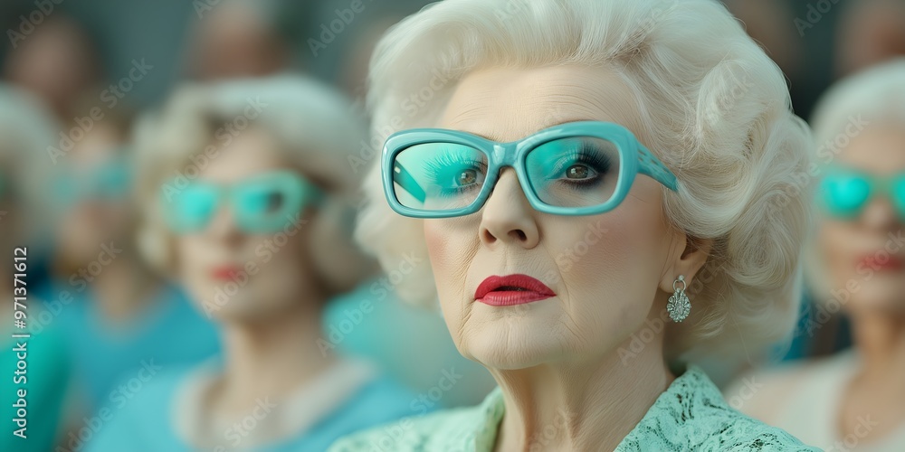 Mature blonde woman watching a movie at the cinema wearing blue glasses sunglasses. Mature blonde woman watching a movie at the cinema wearing blue glasses sunglasses.