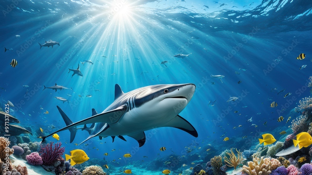 Fototapeta premium A vibrant underwater scene featuring a shark amidst coral and colorful fish.