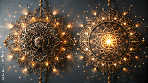 3D Isolated Abstract Sparklers and Mandala Design: Vibrant Vector Art Featuring Intricate Details on White Background