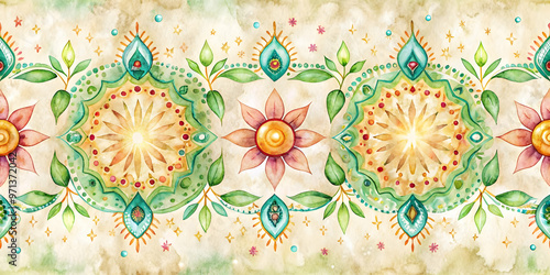 Seamless Watercolor Sparklers & Rangoli Border Tiles: Eco-Friendly Design with Organic Colors, Recycled Glass, and Hemp for Sustainable Backgrounds