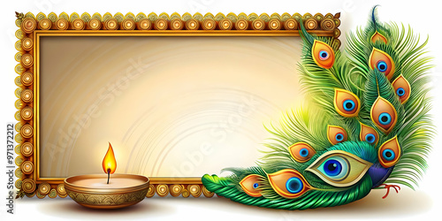 Vibrant Diya Lamp and Peacock Feather Border Frame with Ample Copy Space for Festive Messages and Invitations
