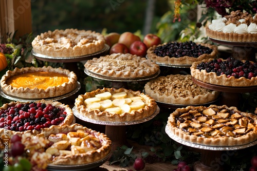 An assortment of homemade pies displayed on tiered serving stands, with apples and plums scattered around the base of the stands.