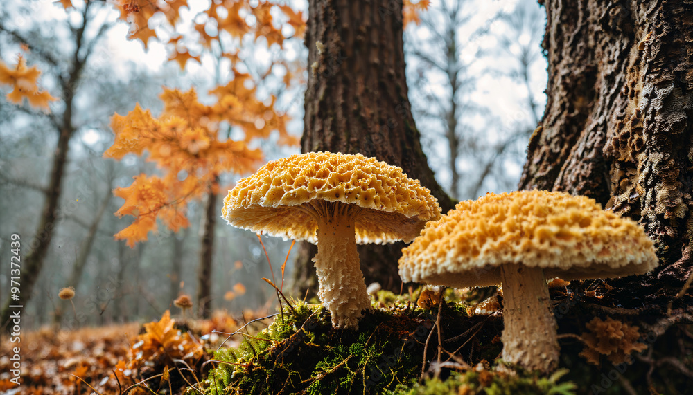 Champignons dorés sous les arbres d'automne Champignons dorés sous les arbres d'automne