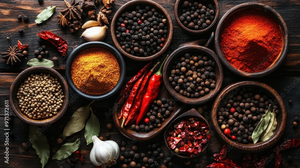 A variety of spices are displayed in bowls on a wooden table A variety of spices are displayed in bowls on a wooden table