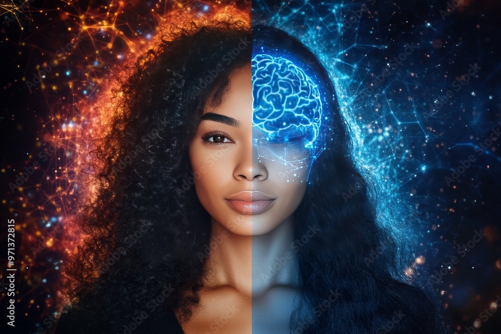 Algorithmic control synaptic interface optogenetics brain mapping and cybernetic augmentation woman with glowing brain overlay symbolizing the neural connection between ai and human cognition Algorithmic control synaptic interface optogenetics brain mapping and cybernetic augmentation woman with glowing brain overlay symbolizing the neural connection between ai and human cognition