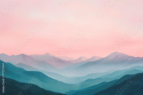 a painting of mountains with a pink sky in the background