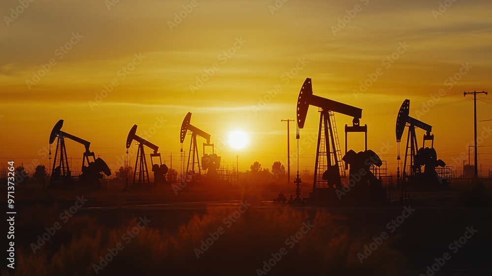 A sunset over a field of oil wells A sunset over a field of oil wells