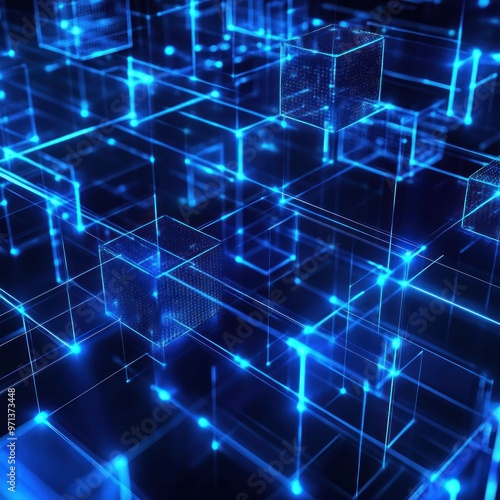 Abstract Digital Network with Glowing Blue Lines and Cubes