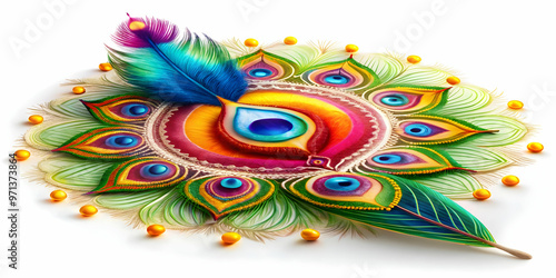 Vibrant Isolated Peacock Feather and Rangoli Vector Design on White Background - Cultural Art with Clean Lines and Glowing Details for Photo Stock